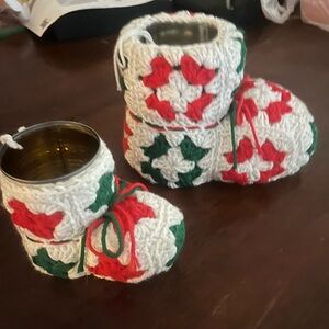 Vintage Crochet Christmas Booties with Tin Holders